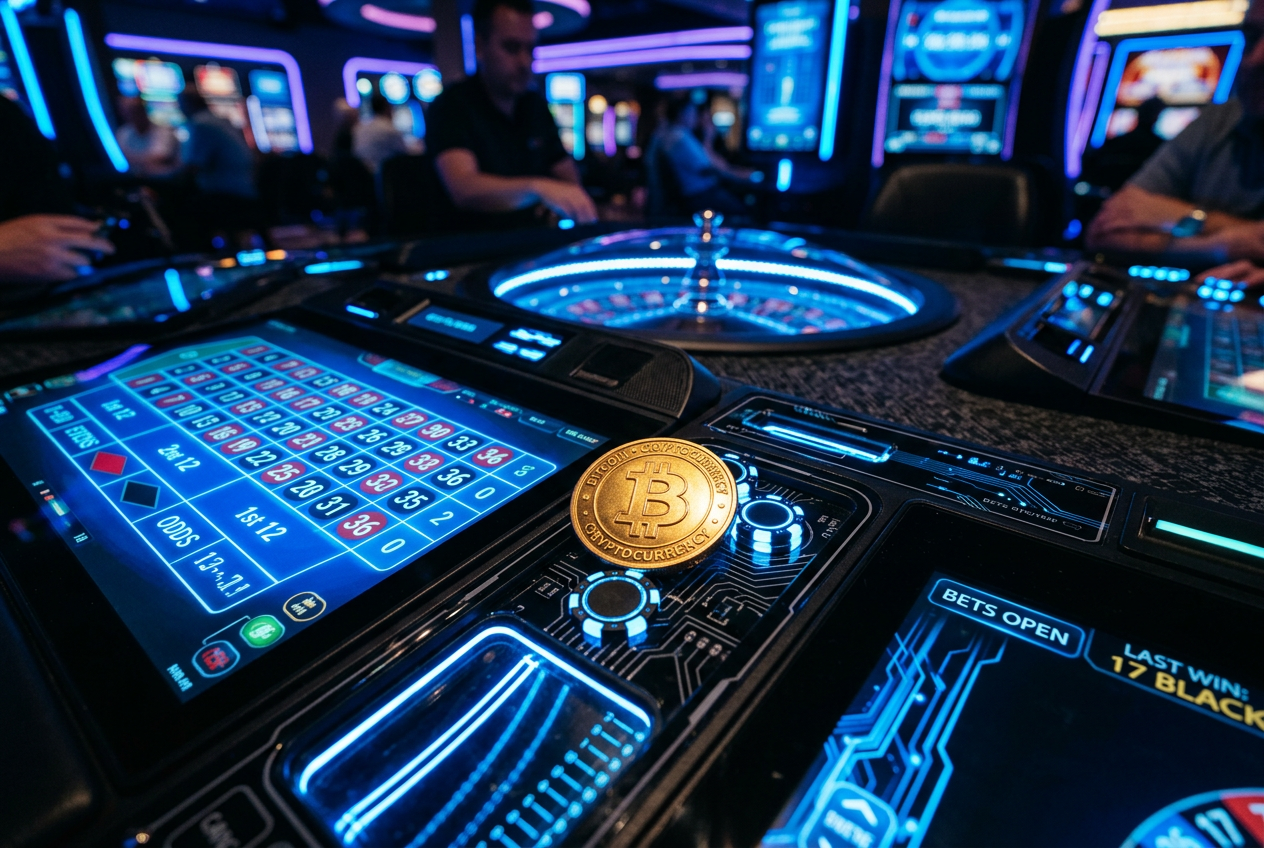 Złoty żeton Bitcoin leżący na nowoczesnym stole do ruletki z holograficznym interfejsem