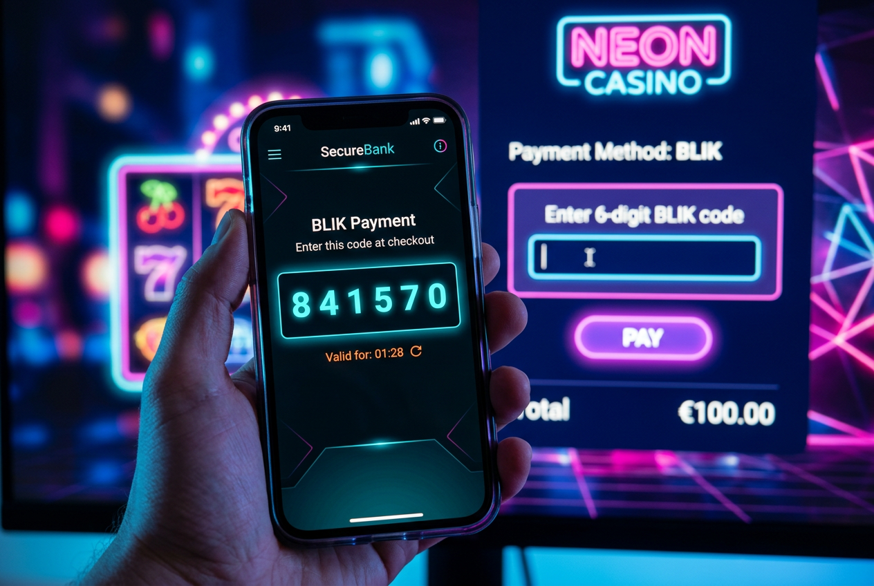 Zbliżenie ekranu smartfona z kodem BLIK podczas płatności w kasynie online