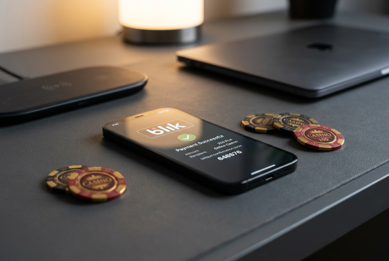 Nowoczesny smartfon z interfejsem płatności BLIK i żetony kasynowe na minimalistycznym tle