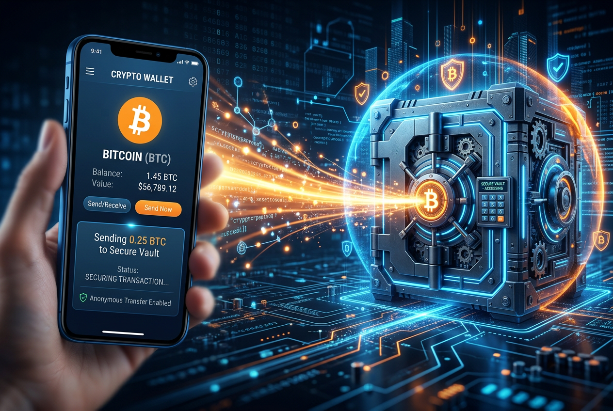 Abstrakcyjna wizualizacja bezpiecznego transferu Bitcoin z portfela mobilnego do cyfrowego sejfu