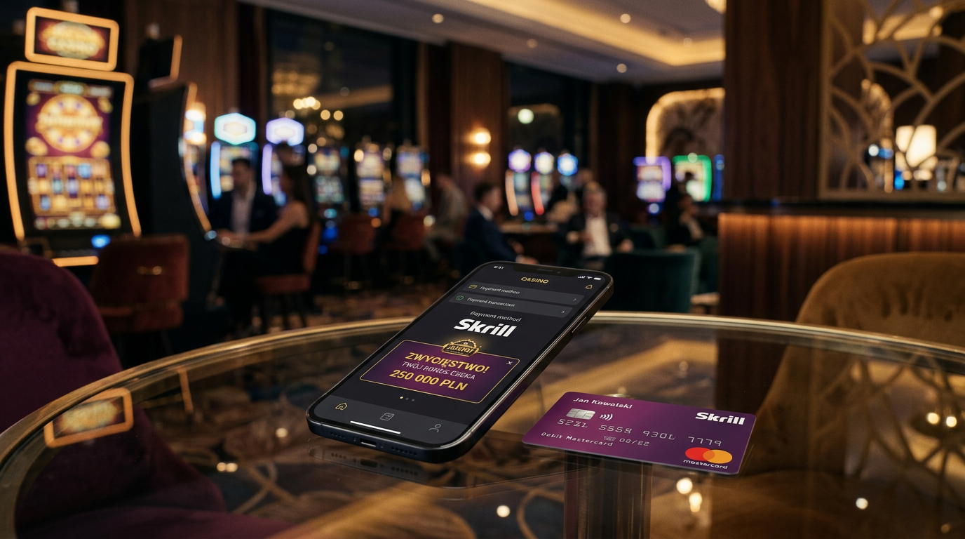 Karta Skrill i smartfon z aplikacją kasyna online na eleganckim tle