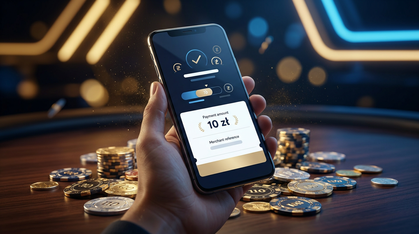 Smartfon wyświetlający płatność mobilną BLIK w otoczeniu żetonów kasynowych