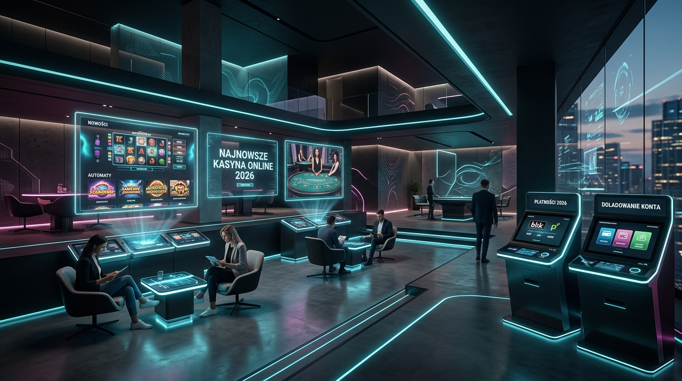 Futurystyczne kasyno online w 2026 roku z neonowym oświetleniem i hologramami