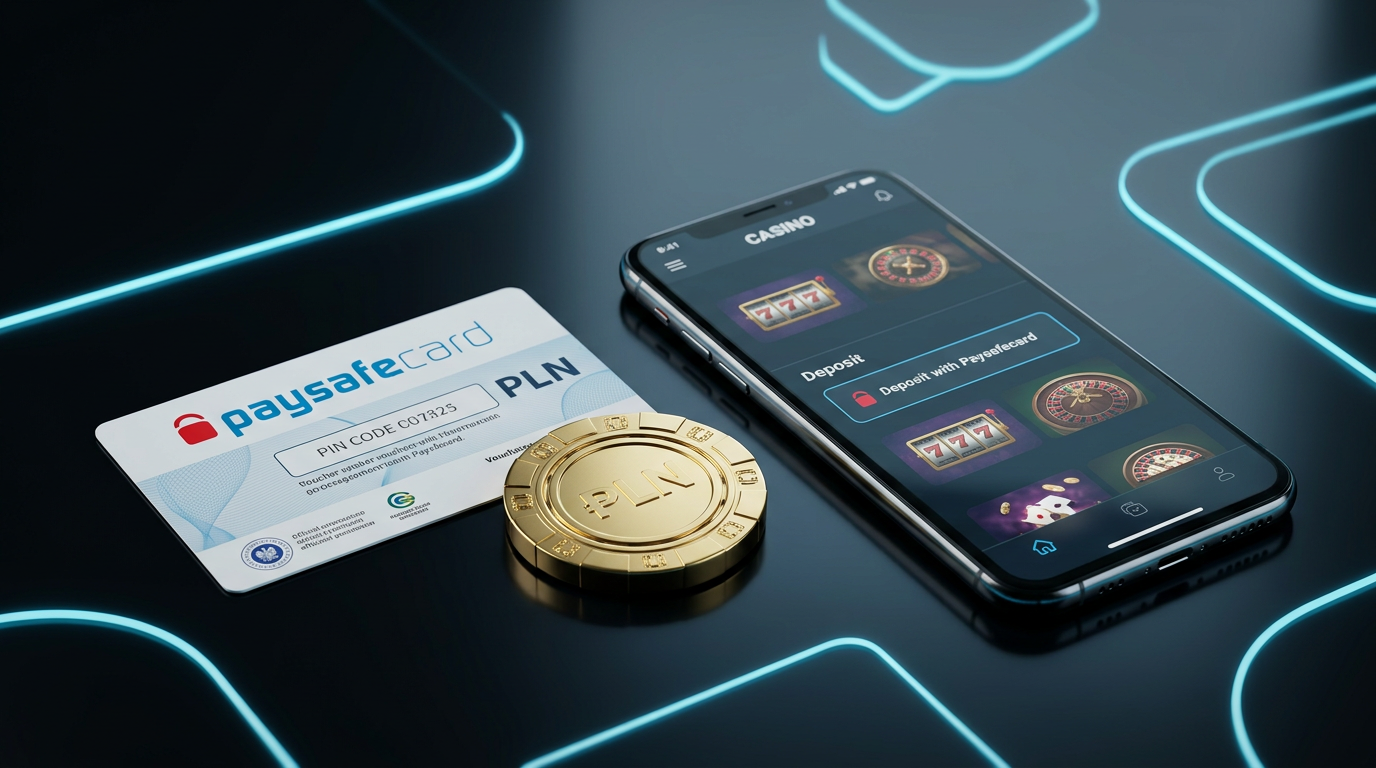 Karta Paysafecard oraz żeton kasynowy na tle smartfona z grą hazardową