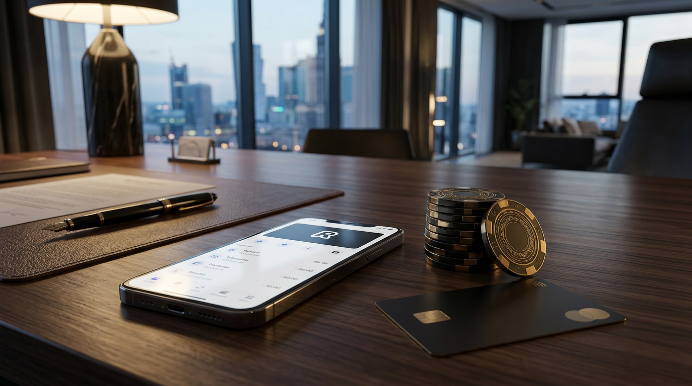 Revolut app on a smartphone with casino chips on a luxury desk