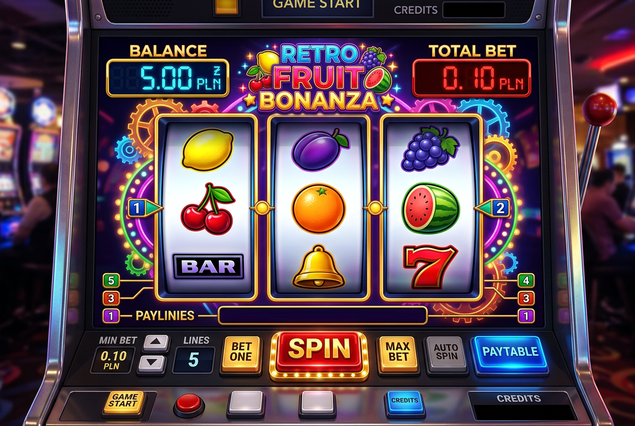 Interfejs gry typu Penny Slot z widocznym saldem 5 PLN i niską stawką zakładu